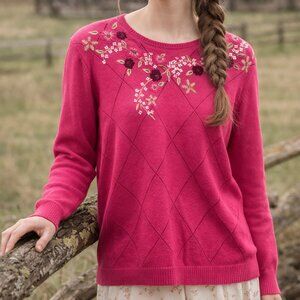 Alfred Dunner Pink Floral Embroidered Sweater Women L Cotton Knit Cottagecore